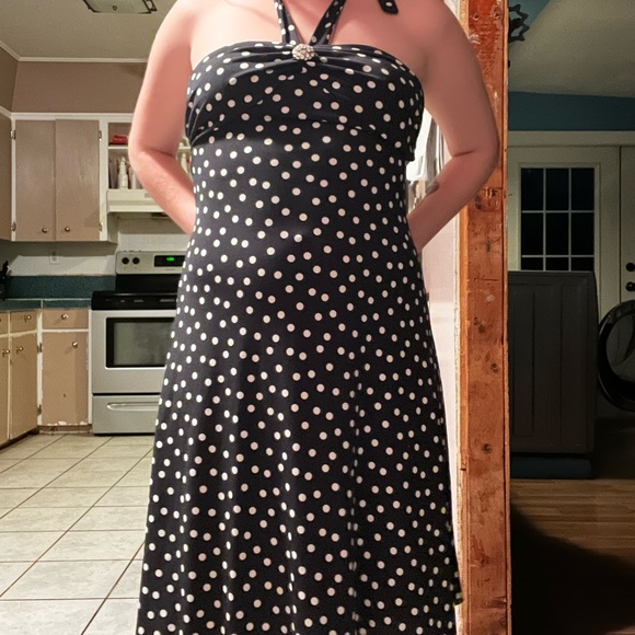 Black & White Polka Dot Halter Style MIDI Dress - Picture 2 of 3